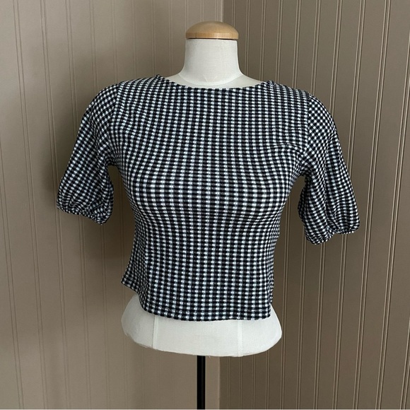 Kiabi Black & White Gingham Tie Back Crop Blouse Top Women’s Size XS/S - Picture 3 of 8
